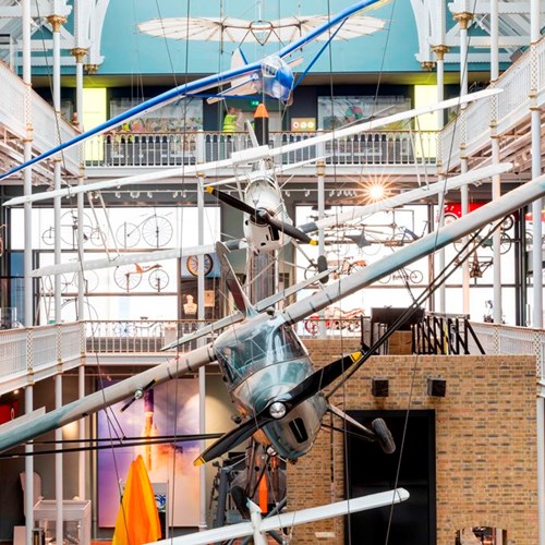 Three hanging aircrafts suspended in the Science and Technology galleries. 