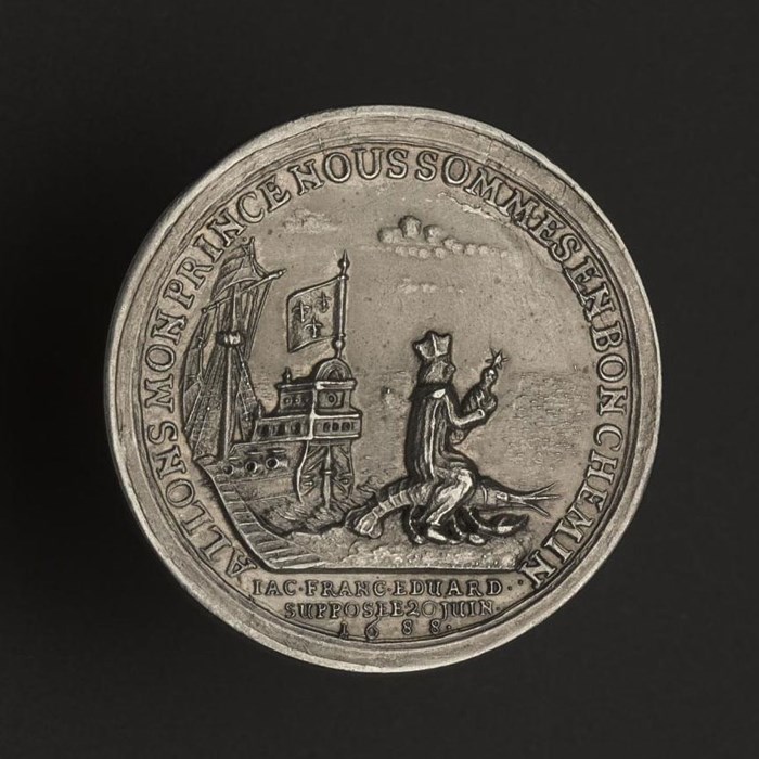 This medal depicts the flight of James VII and II's son, Prince James Francis Edward, in 1688.