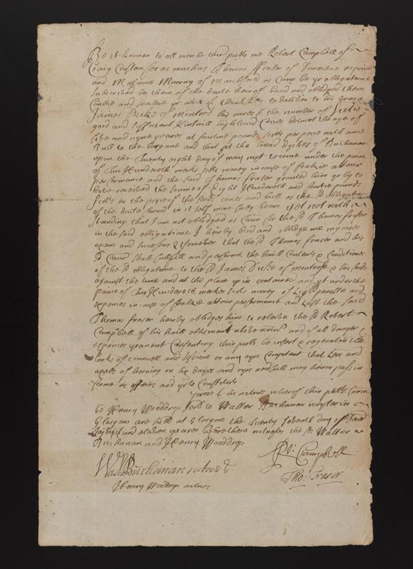 Obligation by Rob Roy to deliver to James, Duke of Montrose, 60 Highland cows and a bull at ‘fourteen pounds Scotts per piece with ane bull to the bargane.’