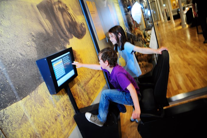 Two young visitors interact with the animal cycle race display.