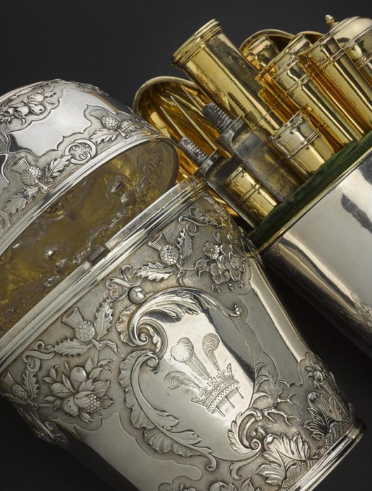 Silver travelling canteen with Prince of Wales feathers