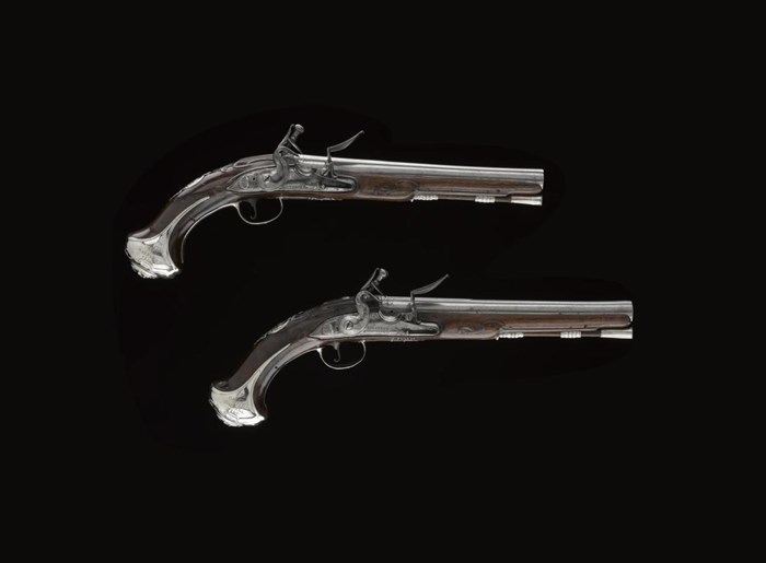 This pair of 'Queen Anne holster' pistols have been engraved with AMD Clanranald 1712 and To AMD Dalelea 1715. Allan Macdonald the then Chief of Clanranald was killed at the Battle of Sheriffmuir on 13 November 1715.