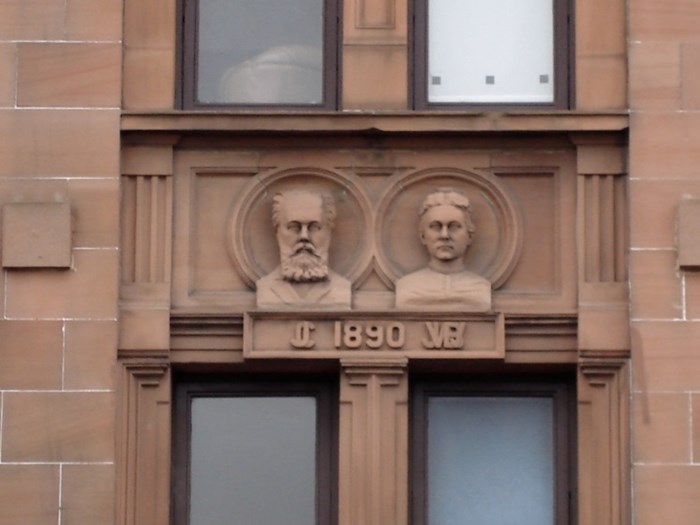 Close up of the busts of busts of John Cossar and Jane White Brown