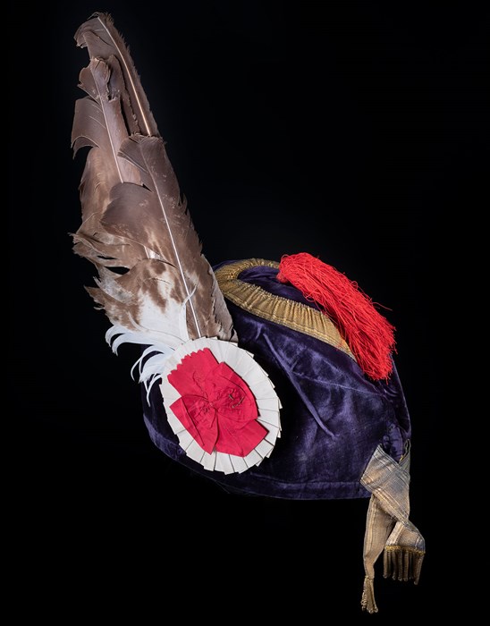 Blue velvet Glengarry bonnet belonging to Ranald George Macdonald, 20th chief of Clanranald. Similar to costumes worn at the Eglinton tournament ball