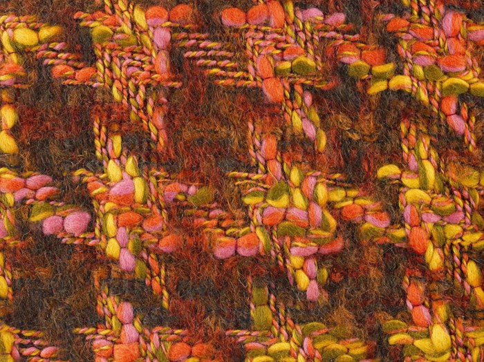 Sample of woven space-dyed mohair tweed entitled Maple, in yellow, pink, orange and light and dark brown.