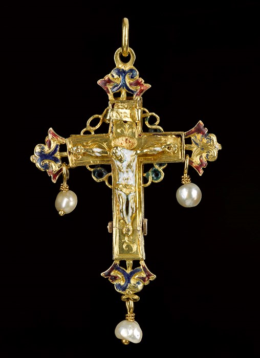 •	Crucifix, depicting Christ on the Cross and as a child with his mother, Mary. Gold, enamel, pearl, gilt, German, 16th century