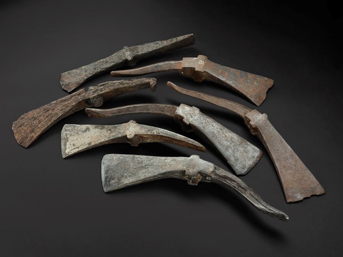 Seven pick-axe heads, all rusted and varying from light brown to light green in colour, together in a loose pile