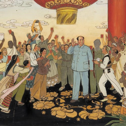 The Socialist Peoples of Asia, Africa and Latin America love Chairman Mao, lacquer plaque, Yangzhou, China, 1968
