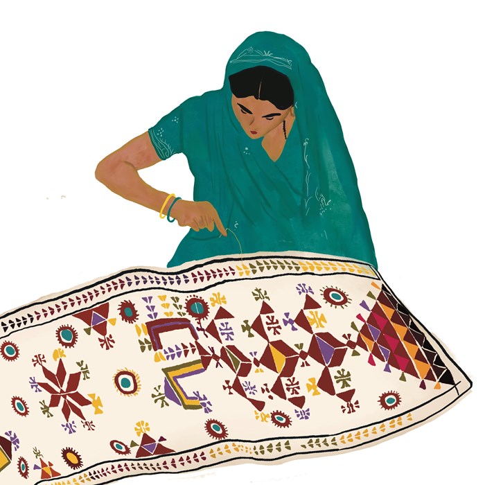 Illustration of woman sewing in mirrors detailing into scarf.