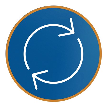 Circular, blue icon with a thin gold rim and two white arrows curved so that they point at each other, forming a loop.