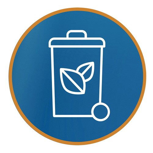 Circular, blue icon with a golden rim. In the centre is a white illustrated outline of a wheelie bin with leaves in it.