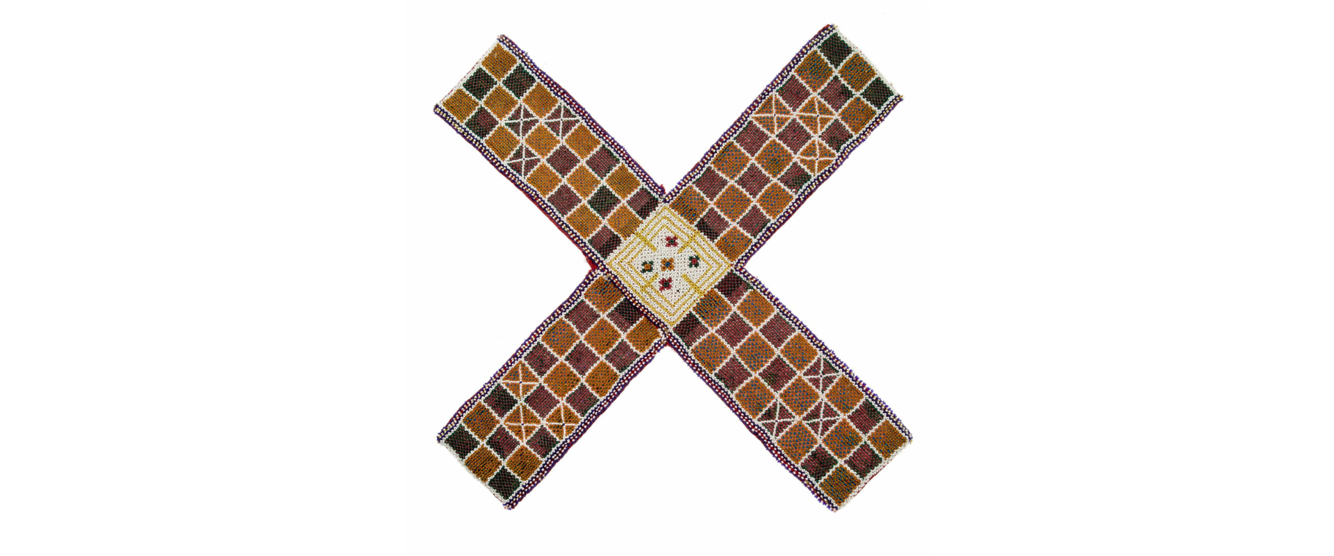 Game board for chaupar or patchisi, part of set, checquered, glass beads, gold leaf in oranges and yellows.
