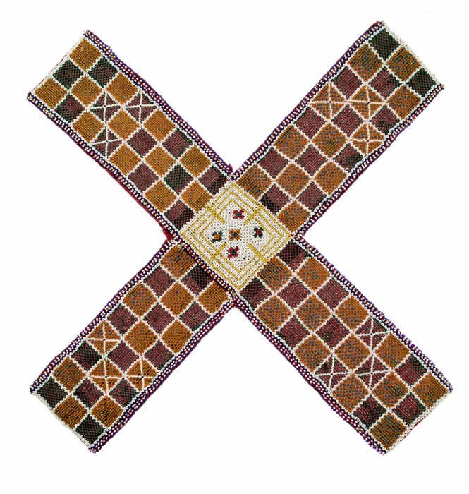 Game board for chaupar or patchisi, part of set, checquered, glass beads, gold leaf in oranges, brown and yellow.