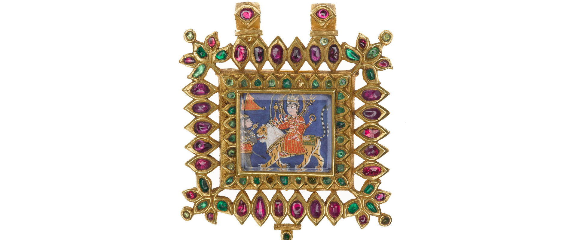 endant of gold inlaid with rubies and emeralds, beneath the central rock crystal a depiction of the Hindu goddess Durga, preceded by Hanuman.