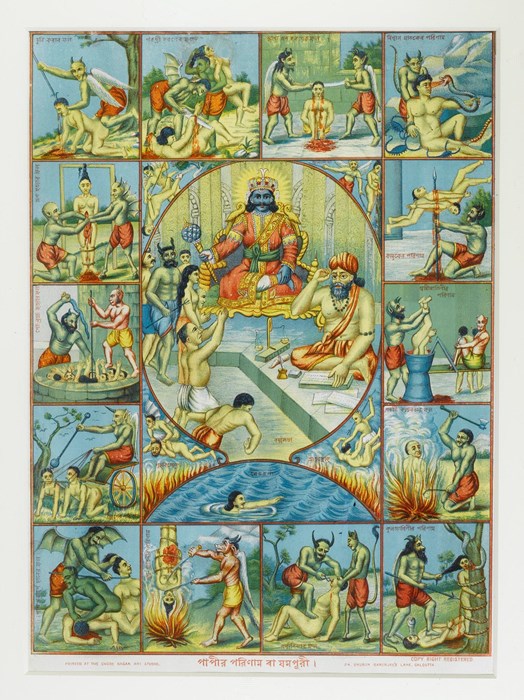 Illustrated poster with cells of images containing scenes of death and scenes of punishment.