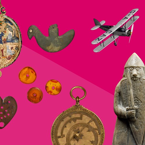 Some of the key objects from the collections at National Museums Scotland scattered over a pink background.