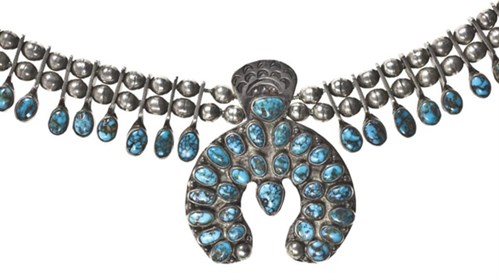 Silver and turquoise necklace with a double row of silver beads, graduated tabs of turquoise cabochon, and silver and turquoise naja shape: Zuni, New Mexico,USA, attributed to Eskisosi, 1920