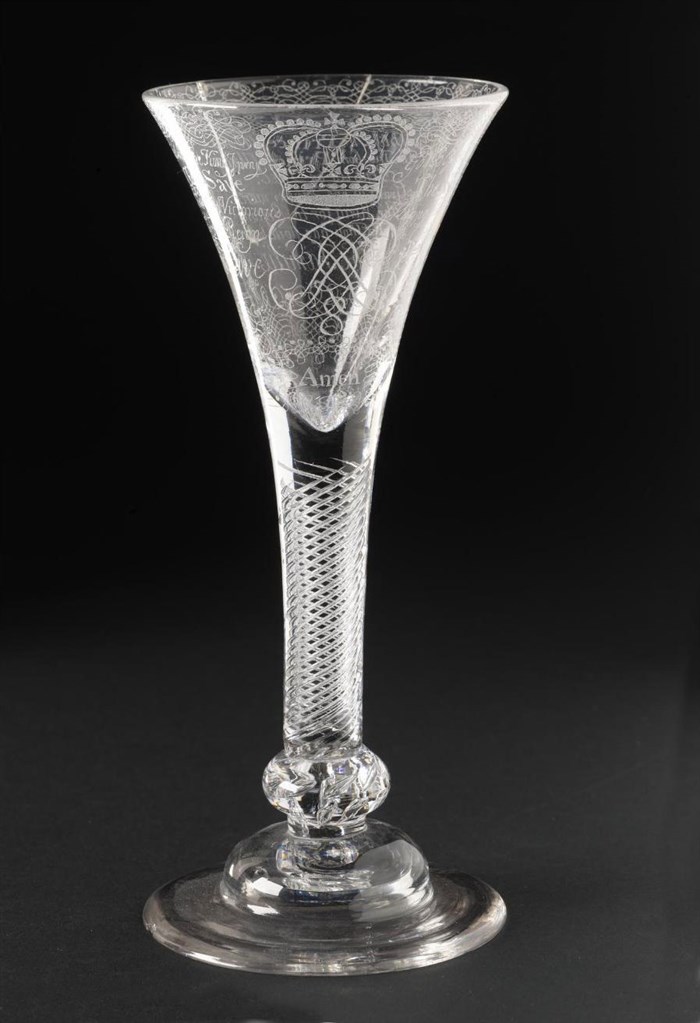 Wine glass engraved with Jacobite texts