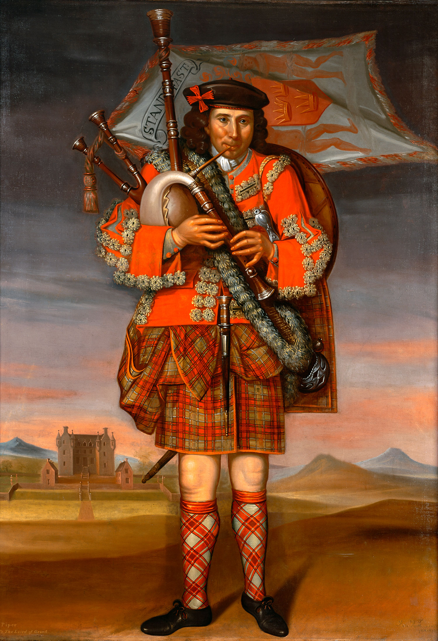 Painting of a man playing the bagpipes in the countryside. He is wearing a uniform of red tartan.