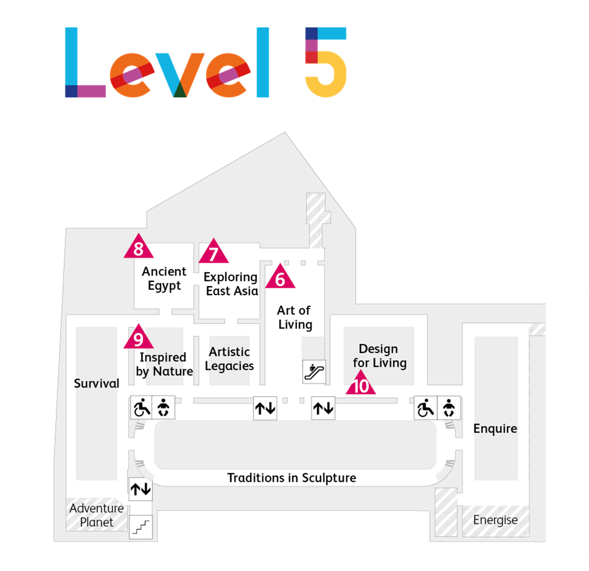 A map of level 5 of the museum showing different stops of the Hidden Histories trail. 