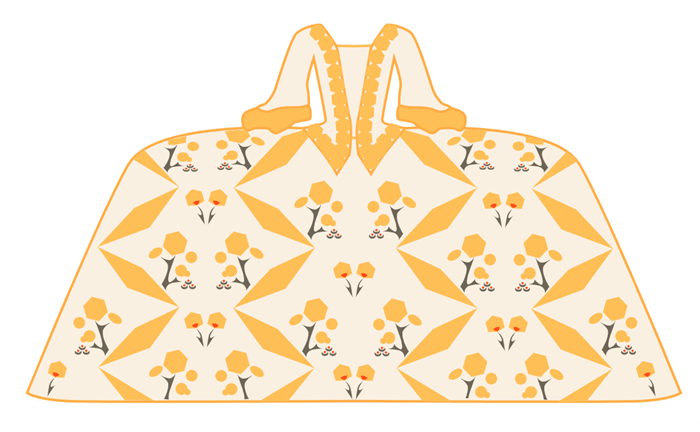 Illustration of a wide yellow dress with floral designs.