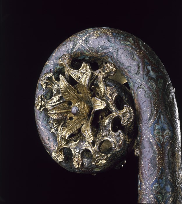 The Whithorn Crozier, which looks like an elaborately decorated staff with a curled end decorated with gold.