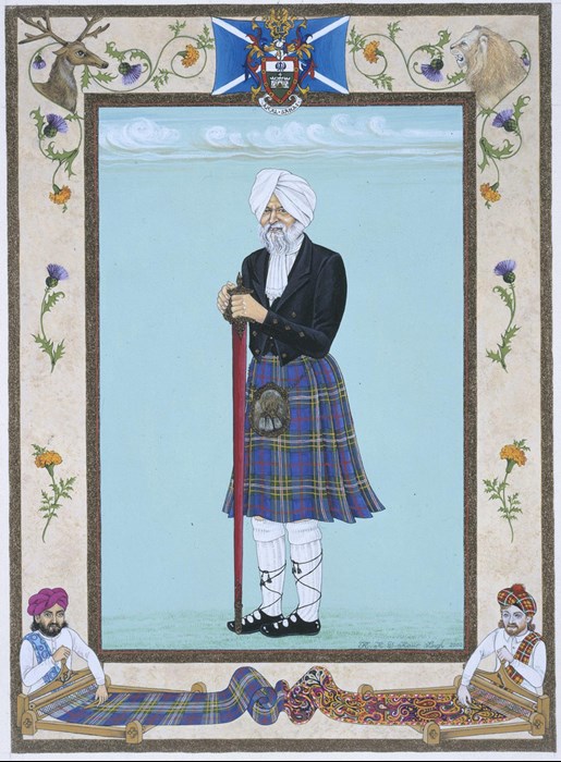 A painting of an Asian man in a blue tartan kilt.