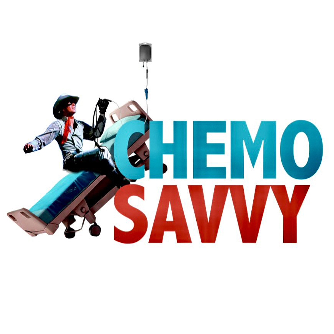 A coyboy rides a hospital bed next to the words "Chemo Savvy"   