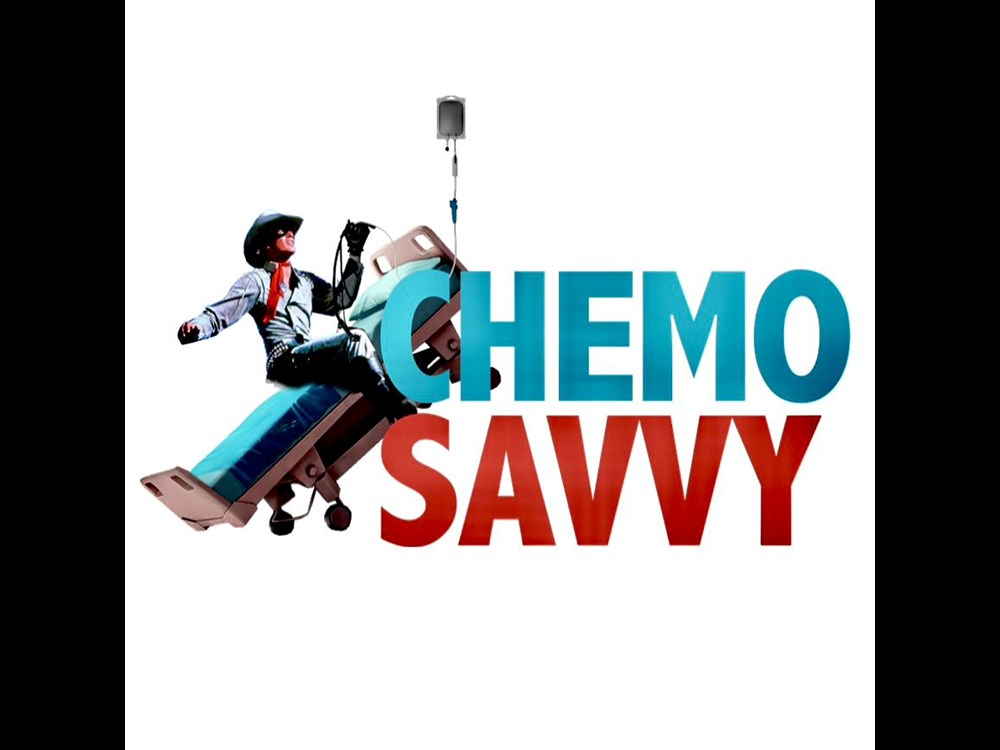 A coyboy rides a hospital bed next to the words "Chemo Savvy"   