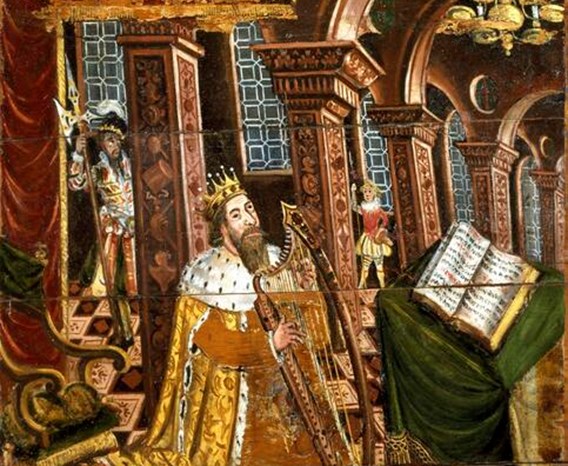 A woodblock painting of a religious medieval scene, showing a King kneeling at a bible.