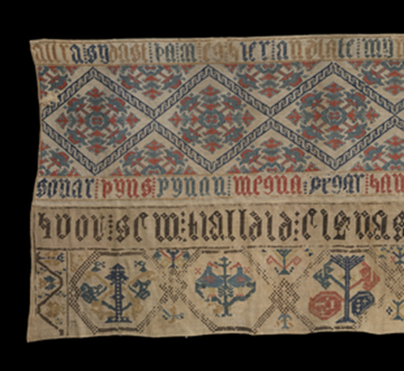 Canopy of wool and linen with embroidered decorations and text