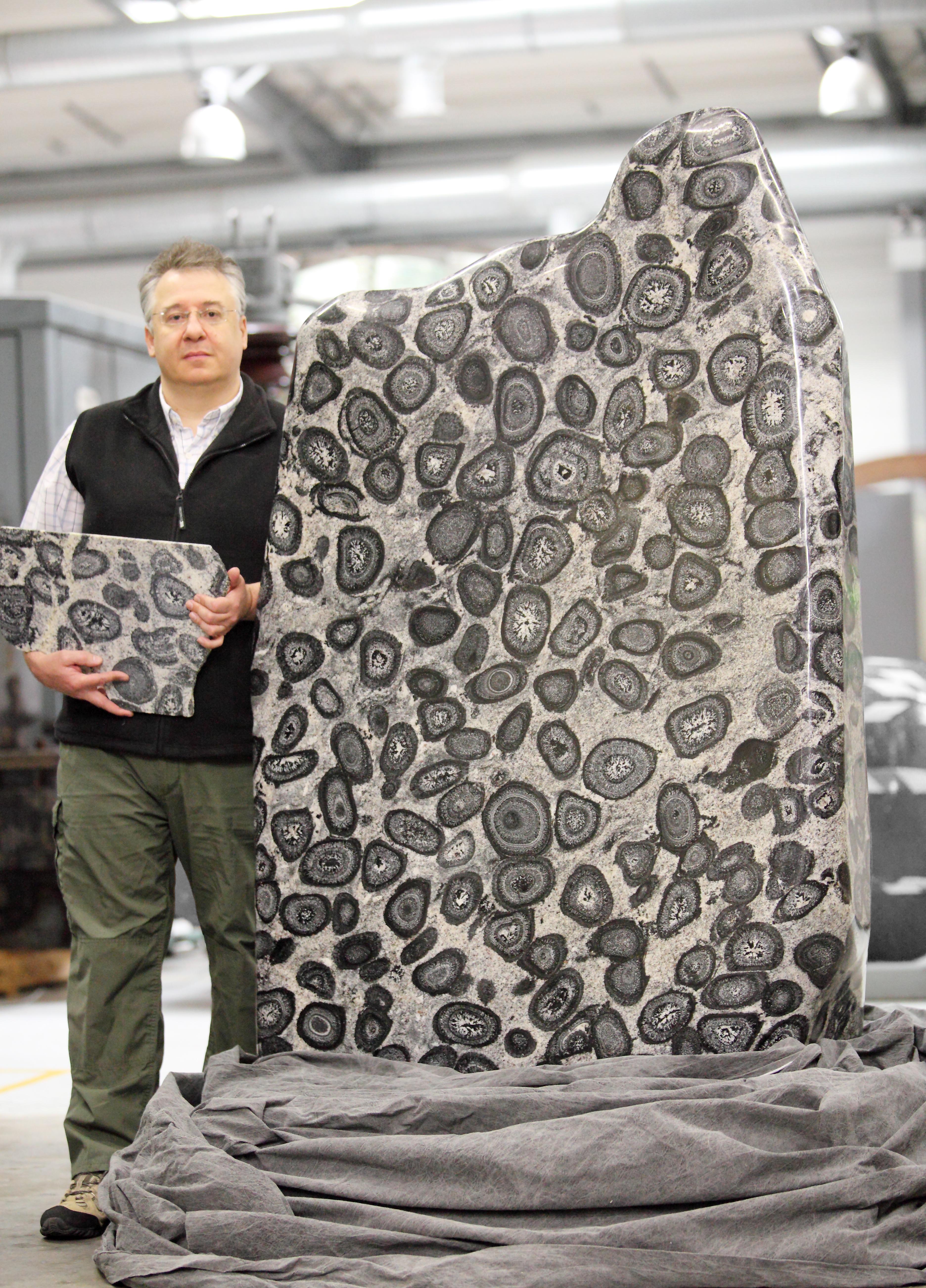 Simon Howard, Curator of Petrology, with the stunning specimen of orbicular granodiorite
